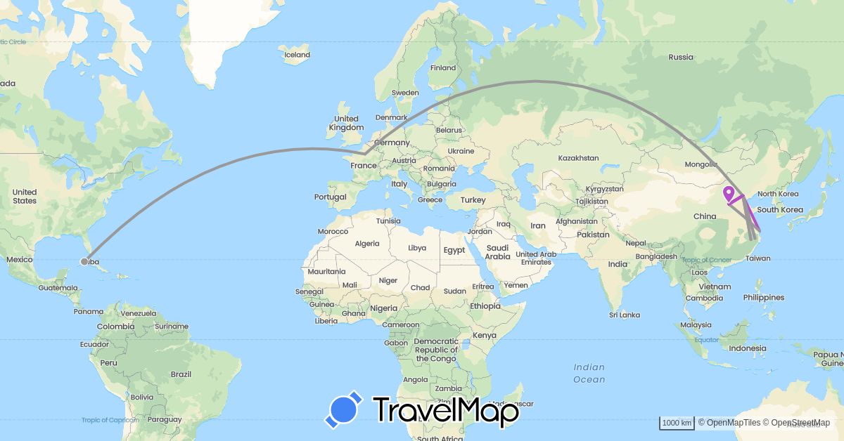 TravelMap itinerary: driving, plane, train in China, Cuba, France (Asia, Europe, North America)
